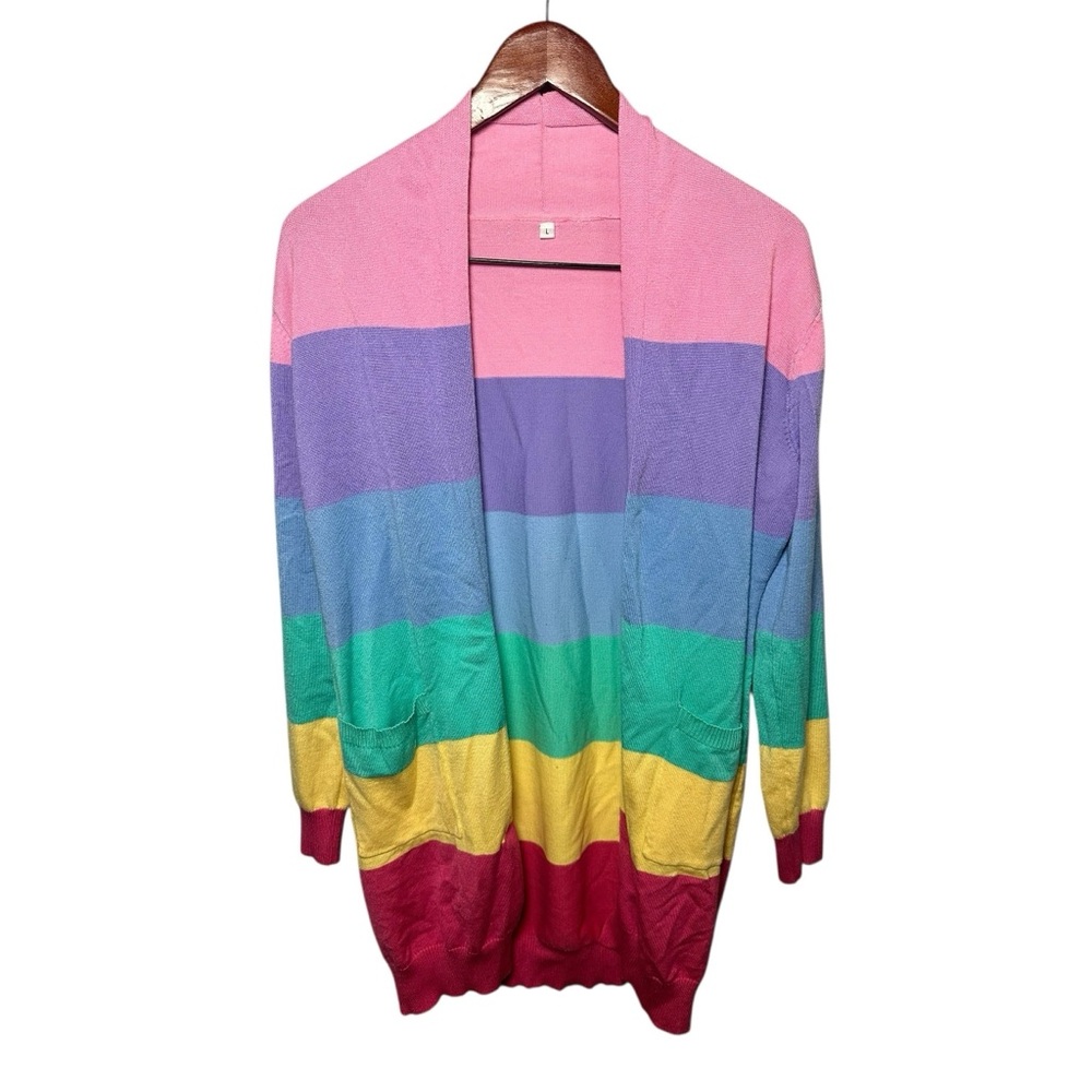 Rainbow Striped Cardigan Sweater Bold Stripes L